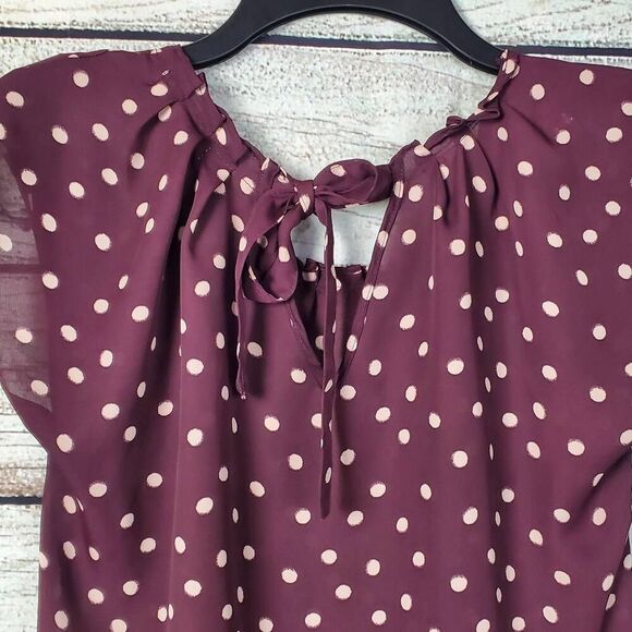 Lauren Conrad Women’s Polka Dot Ruffle Tie Back Top Size Small Plum Pink Cap Sle - Picture 4 of 7